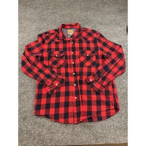 Roebuck & Co Shirt Mens Large Red Black Buffalo Plaid Flannel Western Snap